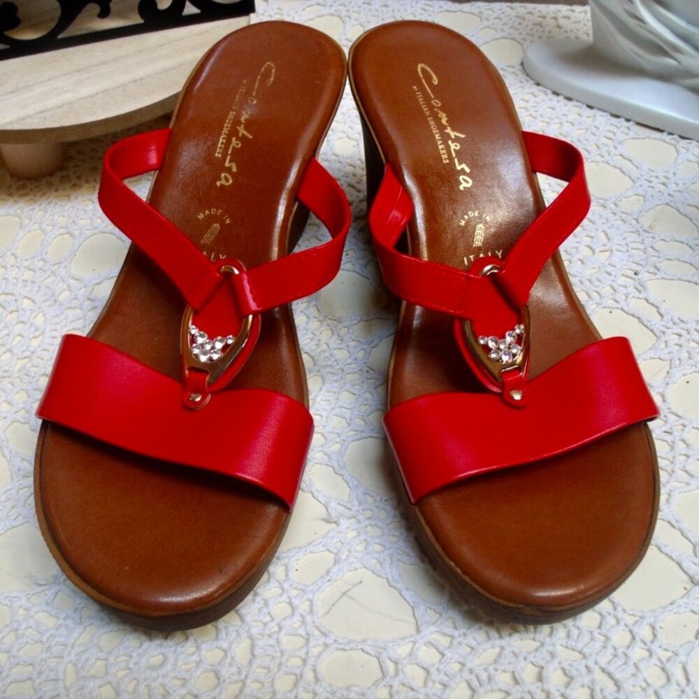 Contessa Italian Shoemakers Rhinestone Bling Red Wedge Sandals 7.5M - Picture 4 of 8